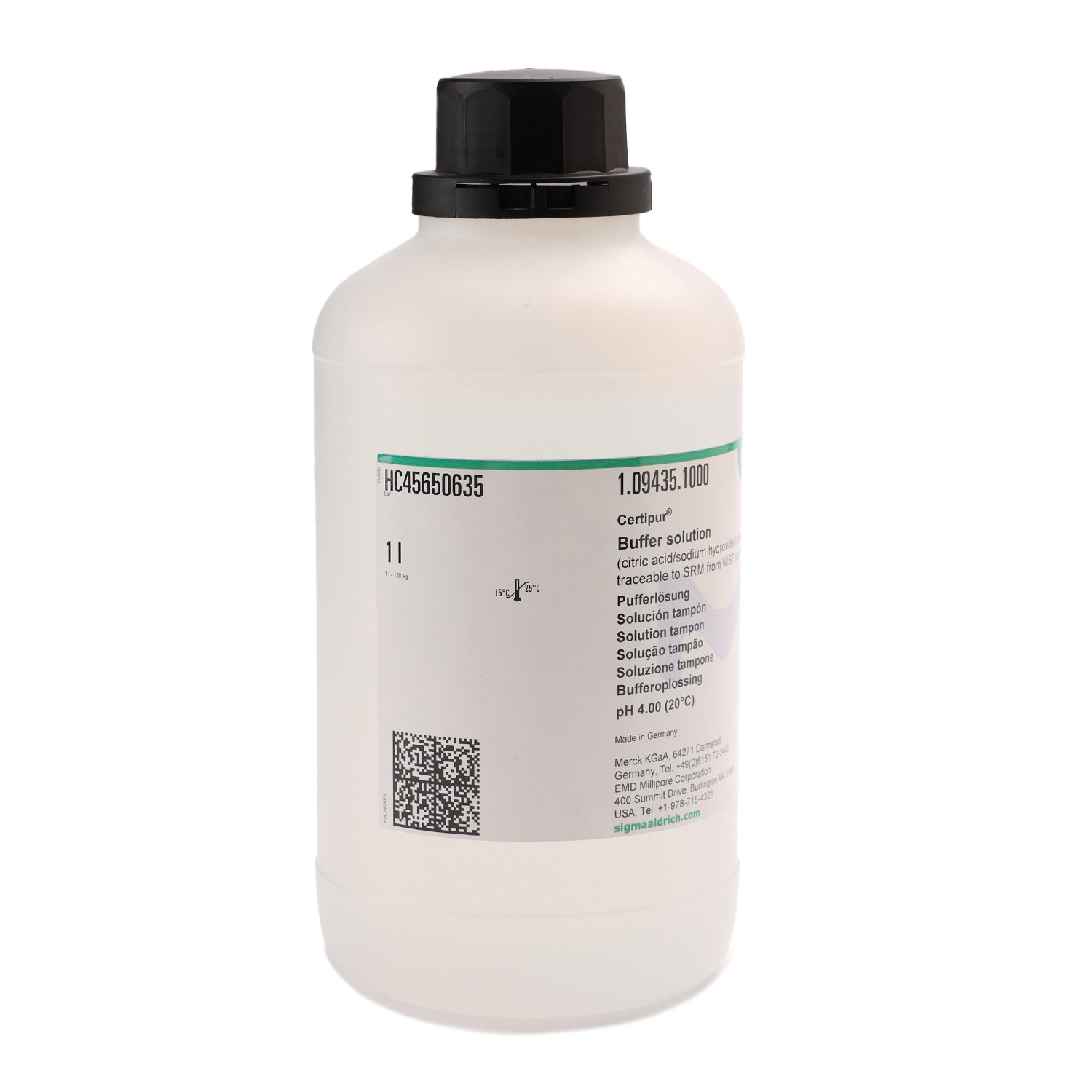 Buffer solution (citric acid/sodium hydroxide/hydrogen chloride), traceable to SRM from NIST and PTB pH 4.00 (20°C) Certipur®